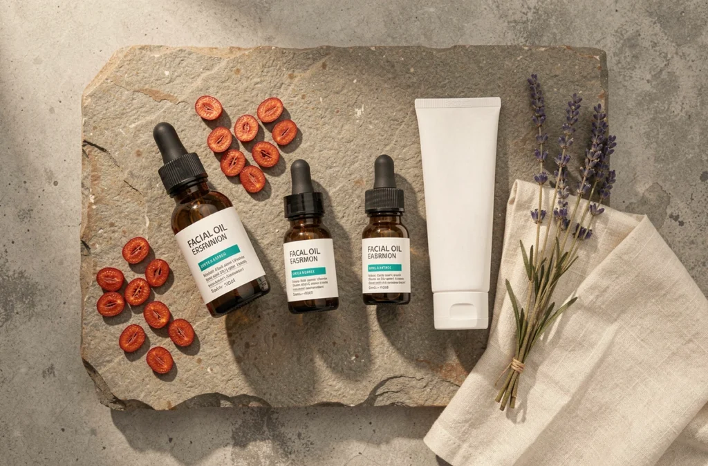 Flat lay de flacons d'huile hydratante pour le visage sur une surface en pierre avec des ingrédients naturels