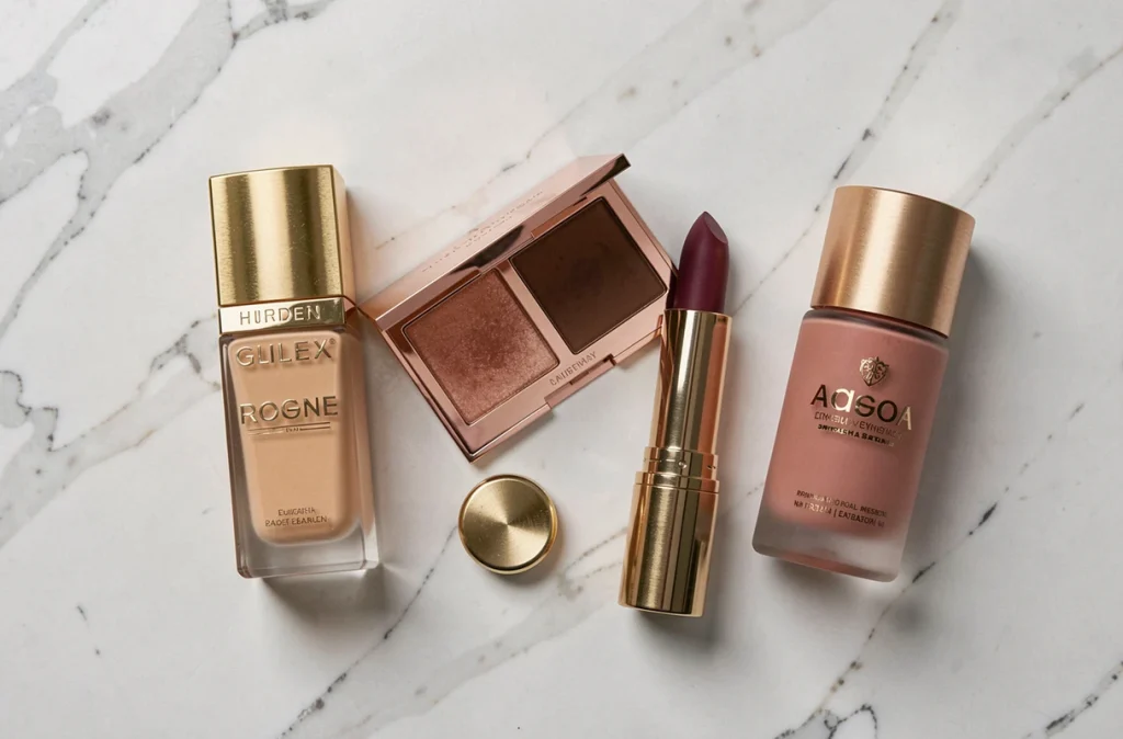 Flat lay de produits de maquillage de luxe soigneusement disposés sur un marbre blanc, incluant palette, fond de teint et rouge à lèvres haut de gamme