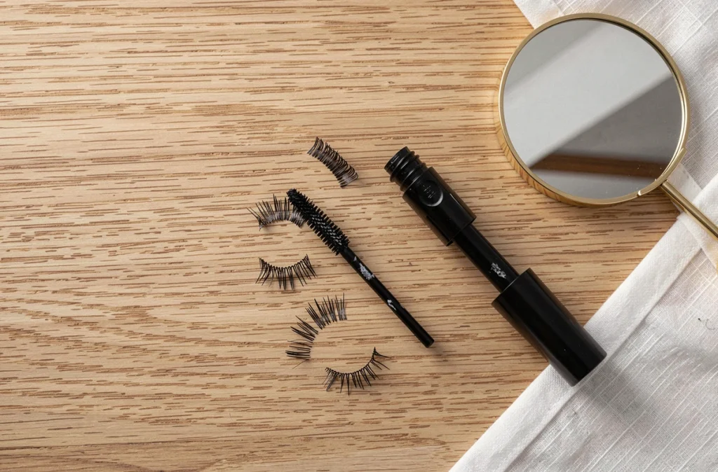 Mise en scène éditoriale d'un mascara allongeant ouvert entouré d'accessoires de beauté sur fond bois