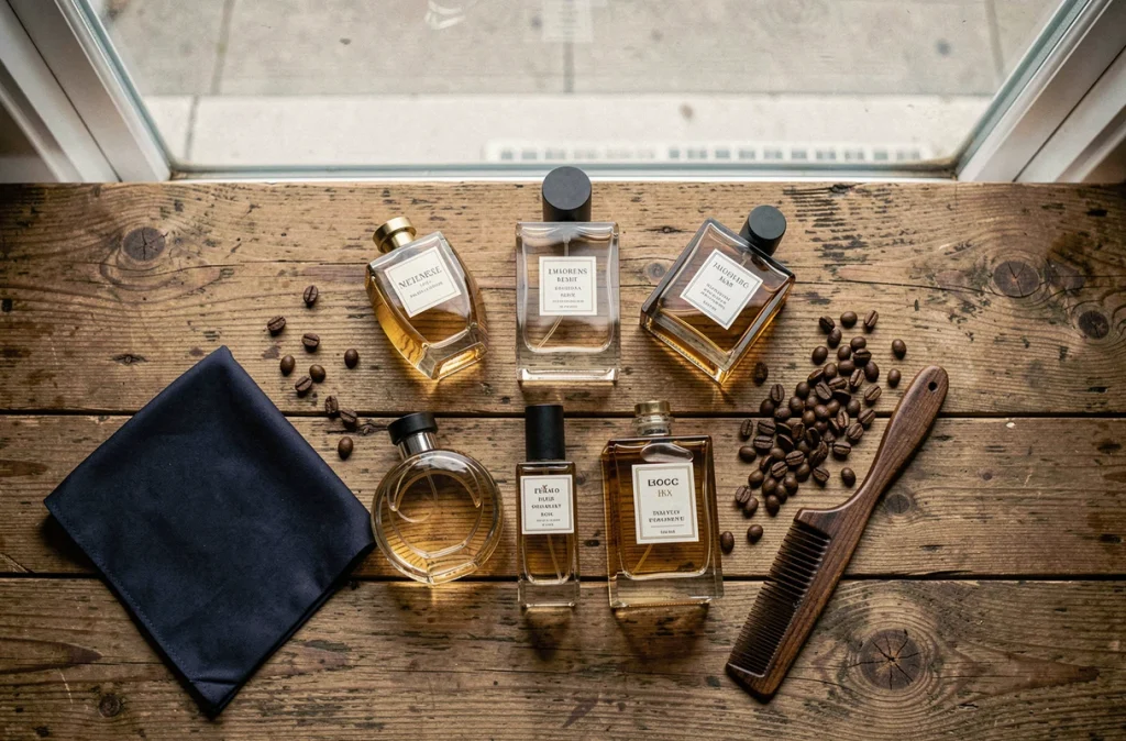 Flatlay de flacons de parfum homme abordables style Zara dupe sur une surface en bois rustique avec accessoires de grooming