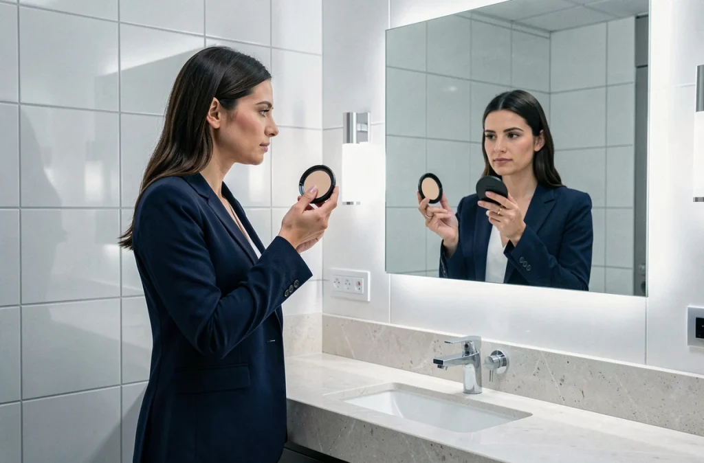 Femme professionnelle retouchant son maquillage avec un cushion dans les toilettes d'un bureau moderne