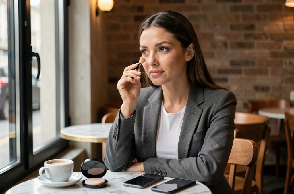 Femme appliquant un fond de teint cushion dans un café parisien moderne