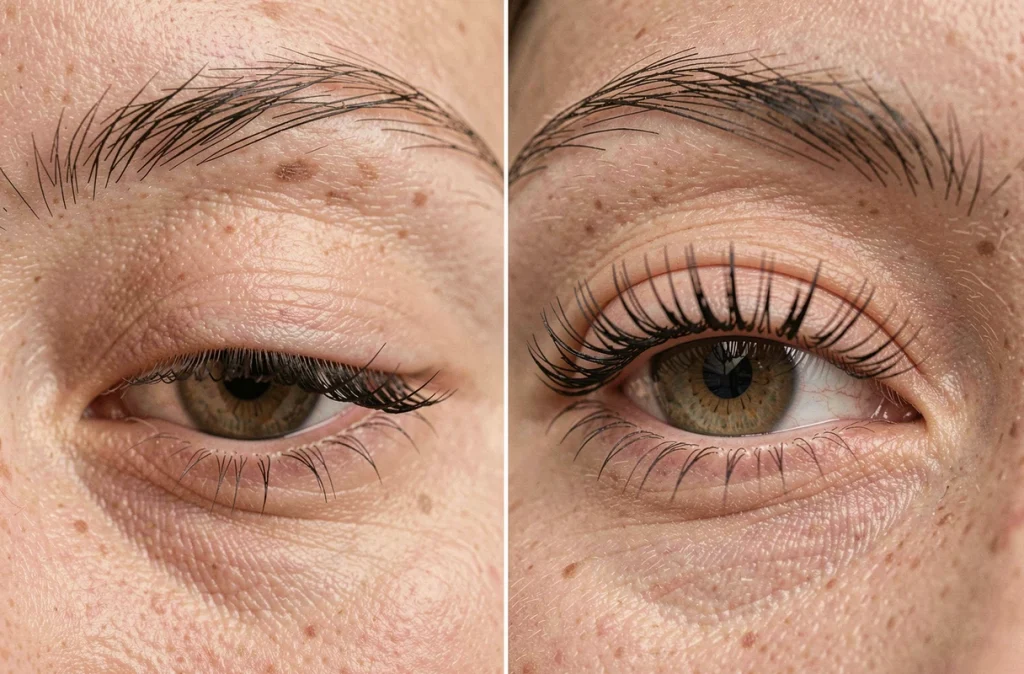Gros plan sur des cils fins transformés par un mascara allongeant, avant et après application