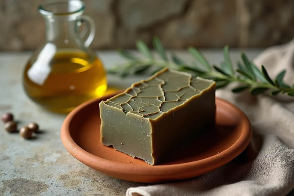 Gros plan d'un savon d'Alep coupé posé sur une coupelle en terre cuite avec des feuilles de laurier et de l'huile d'olive