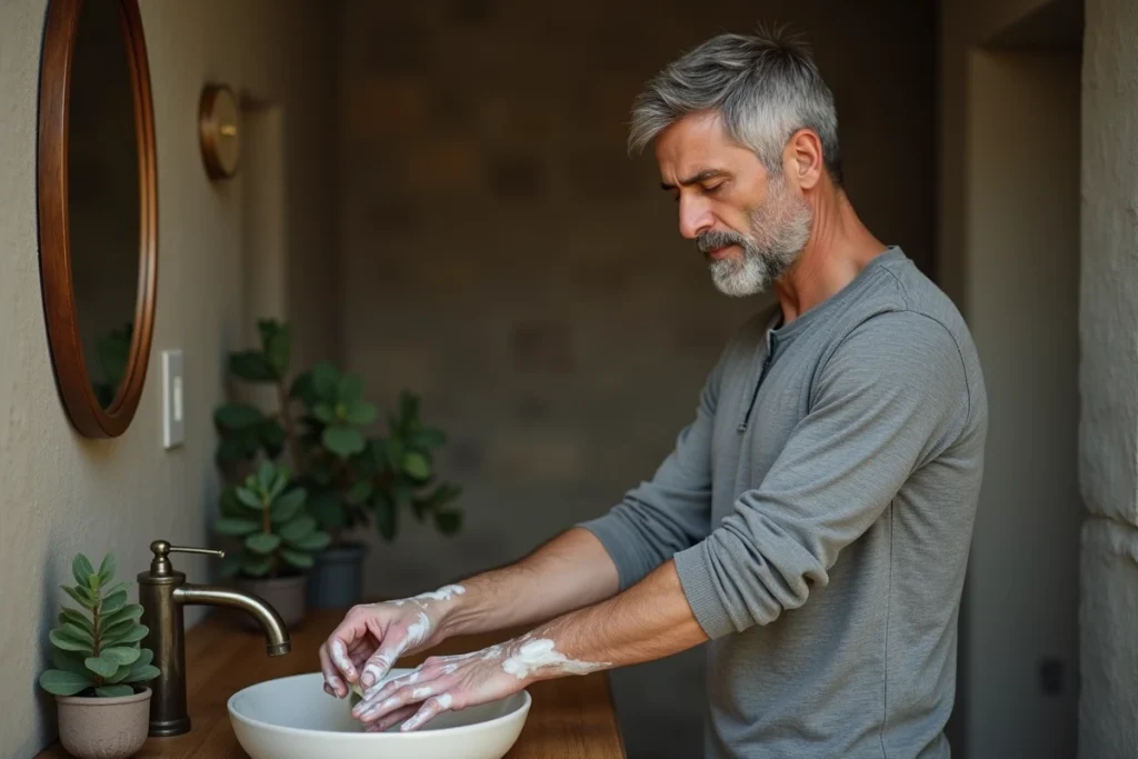 Homme appliquant de la mousse de savon d'Alep sur son avant-bras dans une salle de bain en pierre rustique
