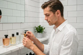 Homme dans la trentaine examinant une collection de flacons de parfum abordables sur une étagère en marbre dans une salle de bain moderne