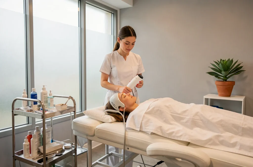 Soin du visage professionnel dans une cabine de l'Institut de Levallois avec une esthéticienne en tenue blanche