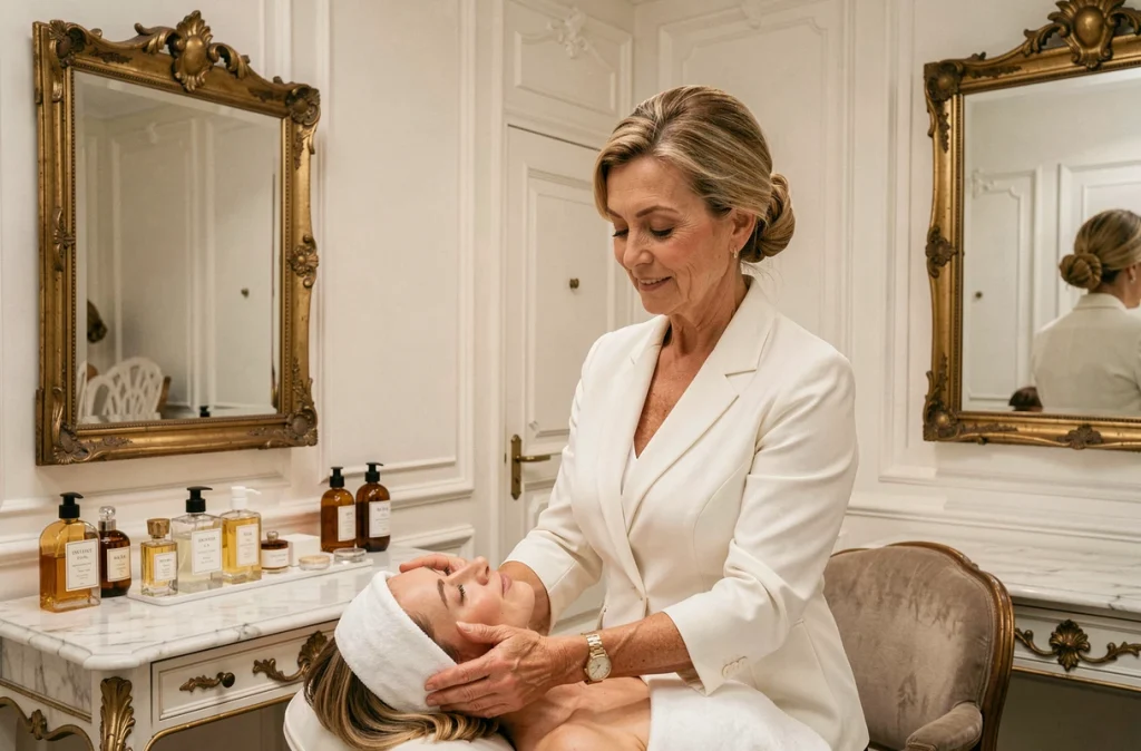 Esthéticienne expérimentée de l'Institut Gisèle Delorme réalisant un massage facial manuel traditionnel dans un cadre classique français