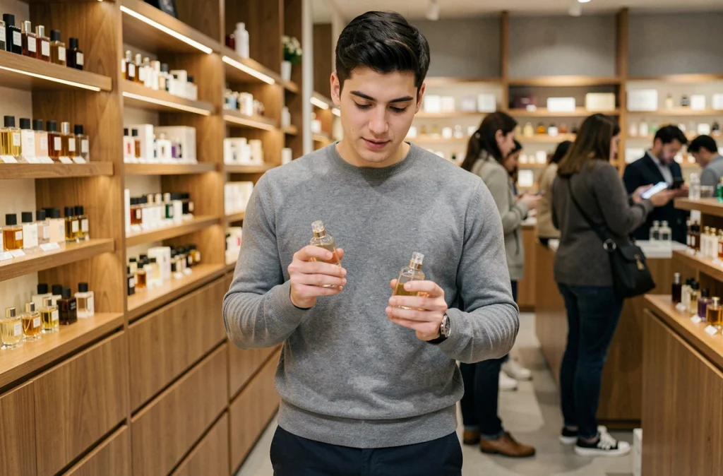 Jeune homme comparant deux parfums abordables dans une boutique de parfumerie pour commencer une collection de dupes