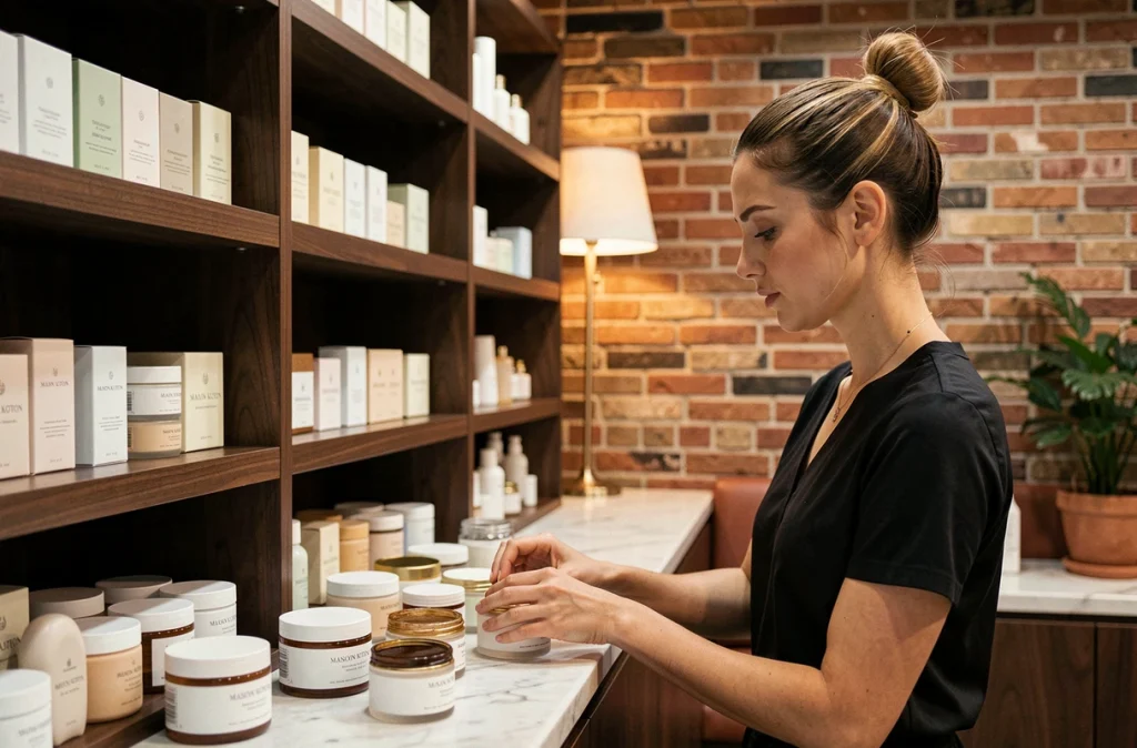 Esthéticienne arrangeant des produits de soins sur un comptoir en marbre dans l'ambiance raffinée de Maison Koton