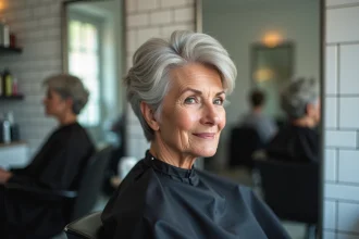 Femme aux cheveux poivre et sel en train de se faire poser des mèches dans un salon de coiffure moderne