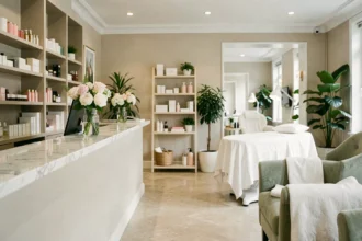 Intérieur élégant d'un institut de beauté parisien avec accueil soigné et salle de soins en arrière-plan
