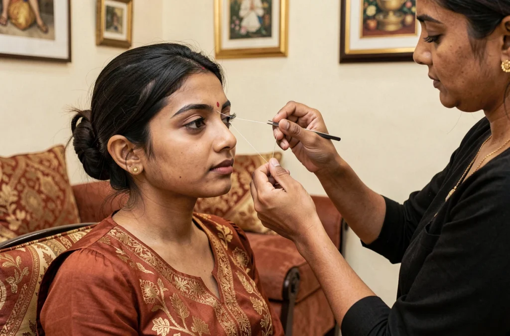 Épilation au fil indienne dans un salon oriental à Drancy, esthéticienne pratiquant le threading sur une cliente