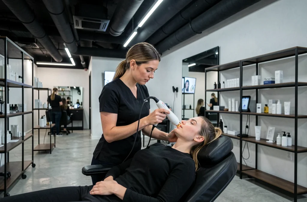 Technicienne en soins effectuant un traitement facial haute technologie dans l'institut Octane au design industriel