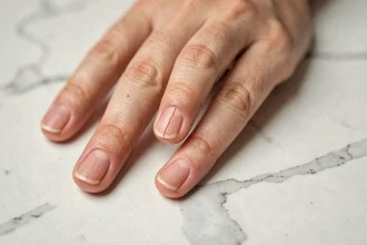 Gros plan sur un ongle fendu verticalement sur une main féminine posée sur du marbre blanc