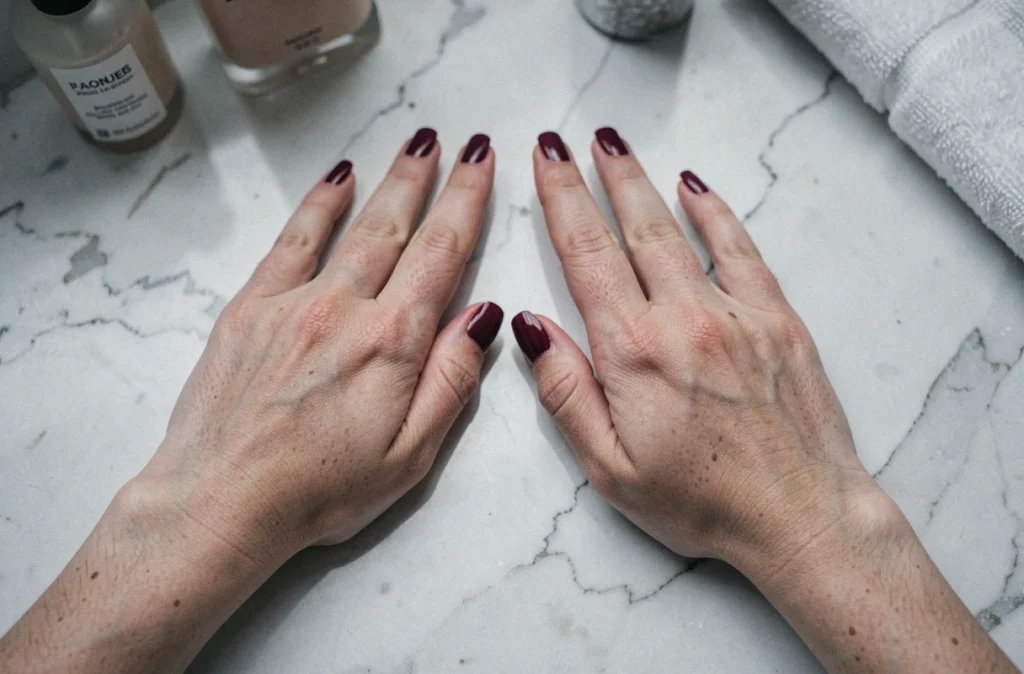 Gros plan de mains féminines aux ongles bordeaux en vernis semi-permanent sur marbre blanc dans un cadre minimaliste