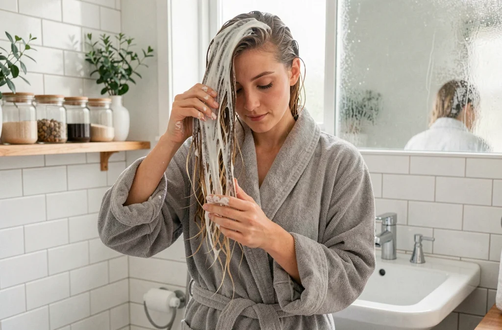 Femme appliquant une patine douce sans ammoniaque sur cheveux sensibilisés dans sa salle de bain