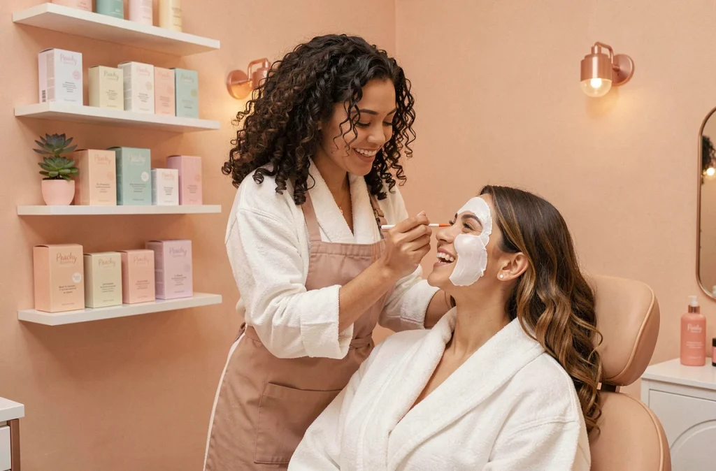 Esthéticienne de Peach Beauty appliquant un masque illuminateur dans un cadre aux teintes pêche et rosé élégantes