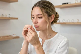 Jeune femme examinant un piercing doré en acier chirurgical dans un studio de piercing moderne et épuré
