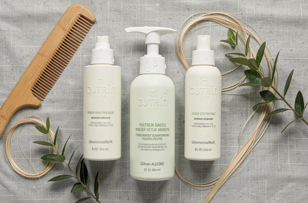 Produits capillaires Cutrin pour cheveux fins posés en flat lay sur lin gris avec peigne en bois