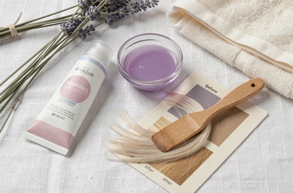 Produits de patine sans ammoniaque pour cheveux sensibilisés disposés en flat-lay sur fond lin blanc