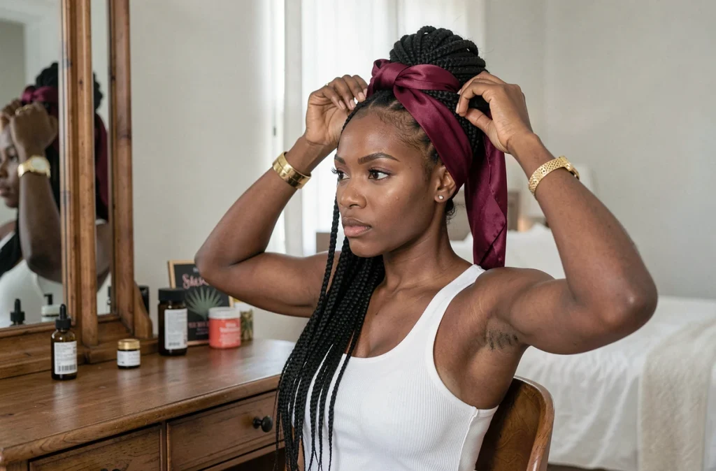 Femme noire enroulant ses tresses collées dans un foulard en soie avant de dormir pour éviter les douleurs