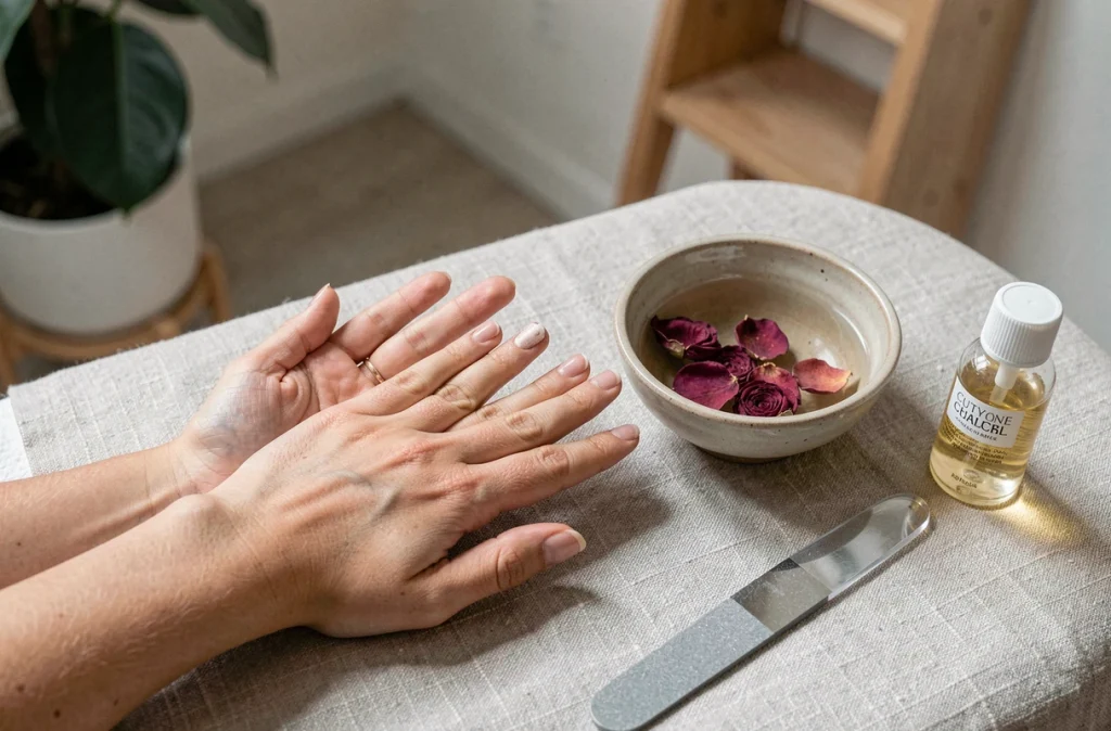Vue de dessus des mains en soin avec ongles en cours de réparation après une fissure verticale
