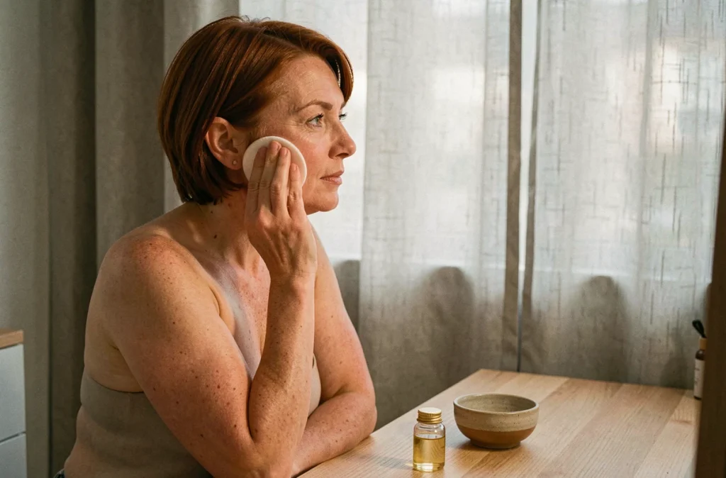 Femme mature retirant son maquillage avec une huile nettoyante et un coton réutilisable devant une coiffeuse en bois