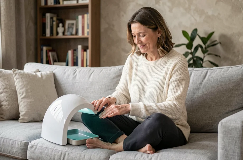 Femme utilisant une lampe UV portable pour fixer son vernis semi-permanent sur un canapé dans son salon