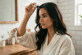 Femme appliquant un sérum capillaire sur son cuir chevelu devant un miroir de salle de bain