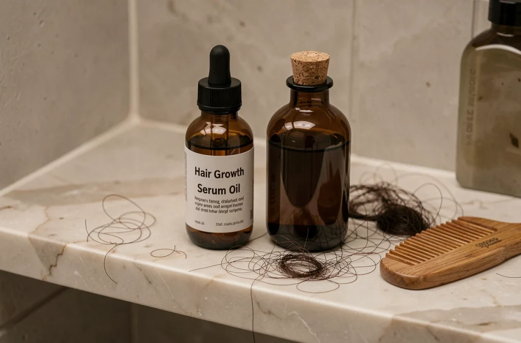 Comparaison entre un sérum capillaire et une huile de ricin posés sur du marbre