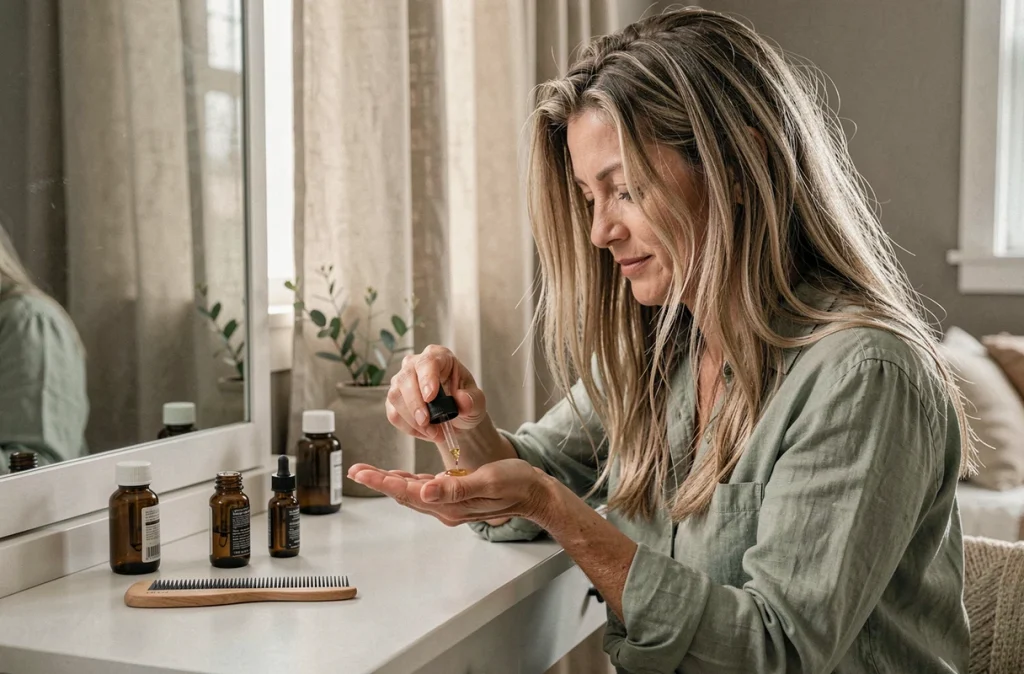 Femme appliquant un sérum sans rinçage sur cheveux secs et frisés devant une coiffeuse dans une chambre cosy