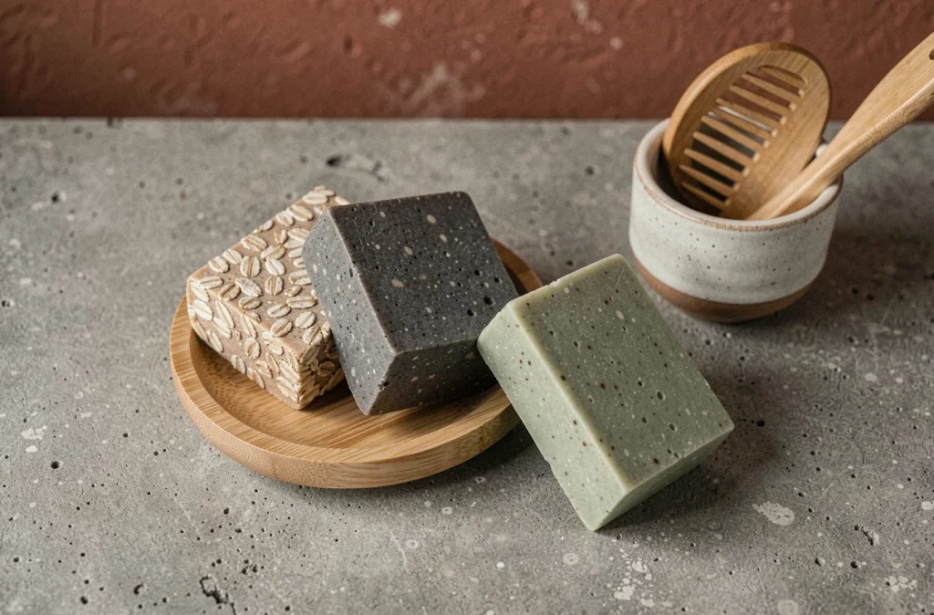 Trois shampoings solides naturels posés sur un porte-savon en bambou dans une salle de bain écologique