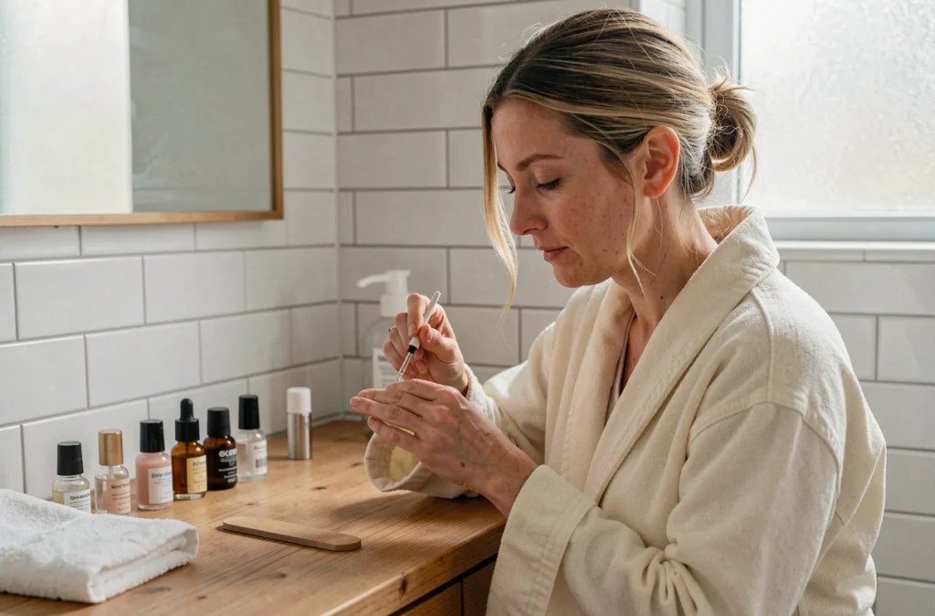 Femme appliquant un soin fortifiant sur ses ongles abîmés dans une salle de bain lumineuse
