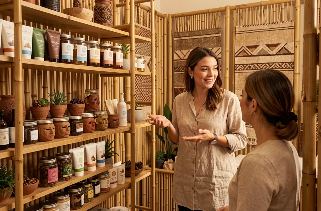 Institut Soins du Monde avec une esthéticienne présentant des produits de soins du monde entier dans un décor chaleureux