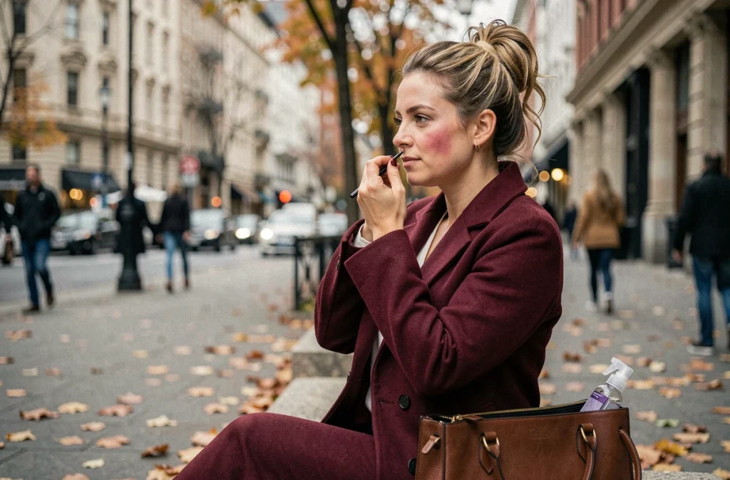 Femme retouchant son maquillage en ville en automne avec un spray fixateur dans son sac