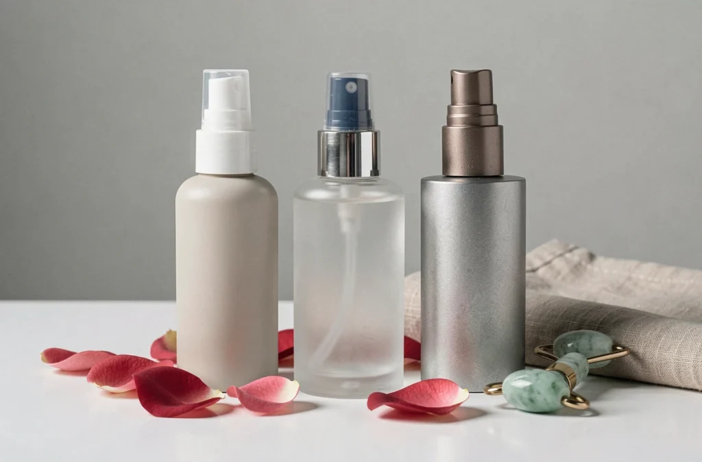 Trois sprays fixateurs de maquillage arrangés sur une surface en céramique blanche avec accessoires beauté