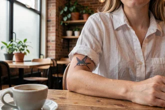Tatouage hirondelle sur l'avant-bras d'une jeune femme dans un café, encre noire aux détails finement travaillés
