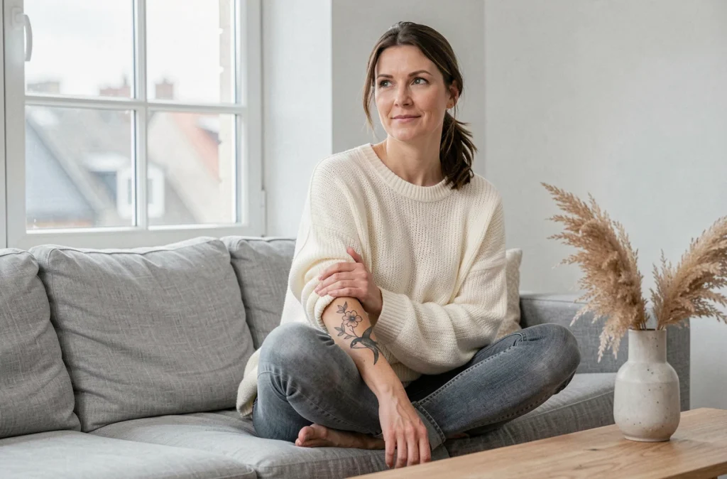 Femme tatouée hirondelle sur l'avant-bras posant dans un intérieur scandinave minimaliste, pull crème et décor épuré