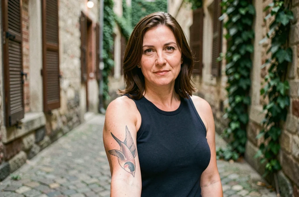 Femme montrant fièrement son tatouage hirondelle sur l'avant-bras dans une ruelle pavée européenne