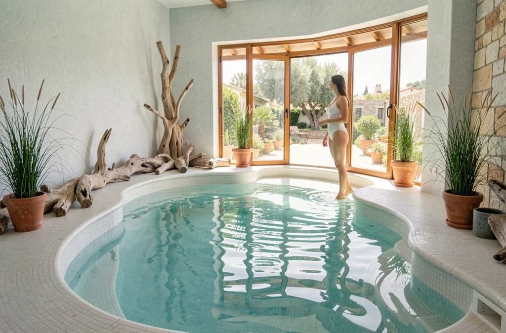 Espace piscine de thalassothérapie Thalgo dans le Var, ambiance marine apaisante