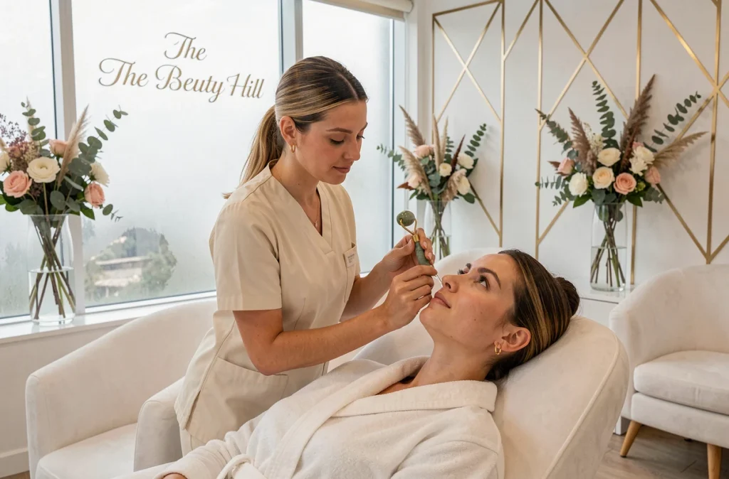 Esthéticienne de The Beauty Hill appliquant un sérum avec un rouleau en jade dans un espace raffiné aux accents dorés