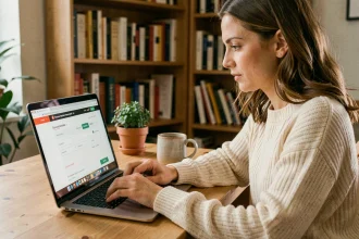 Femme utilisant un code promo sur un site de shopping en ligne depuis son bureau à domicile