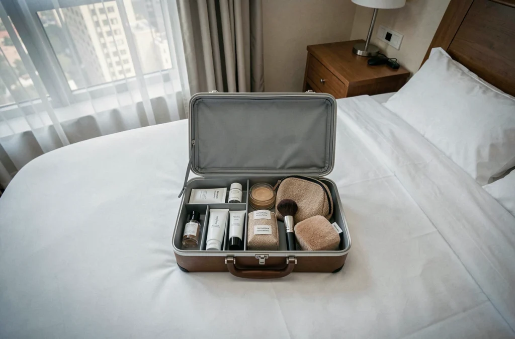 Vanity de voyage ouvert posé sur un lit d'hôtel blanc, rempli de produits de beauté miniatures et d'accessoires cosmétiques soigneusement organisés