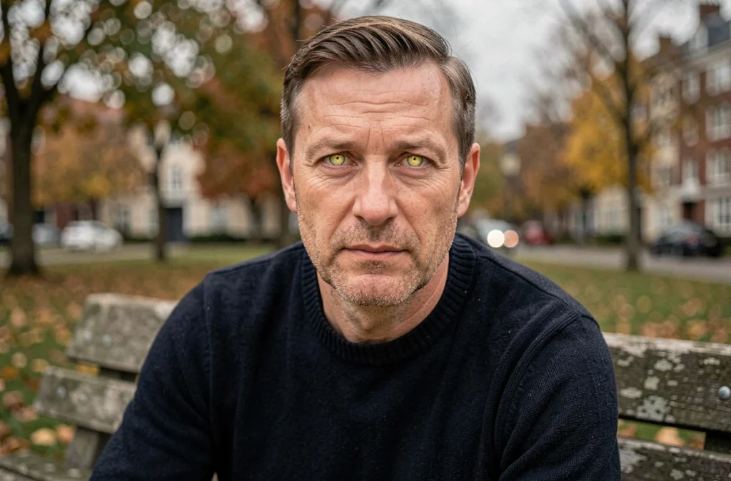 Portrait d'un homme aux yeux jaune-vert inhabituels en extérieur, mettant en valeur une couleur d'iris rare